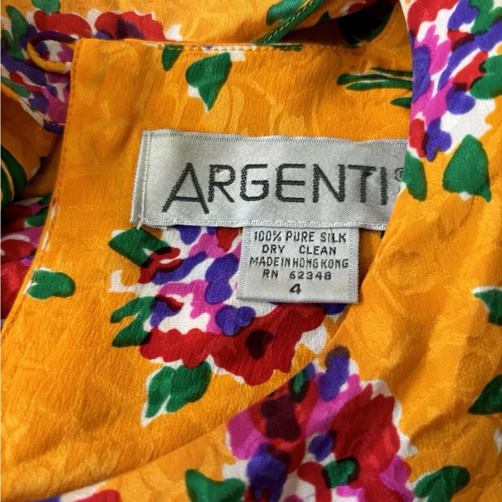 Vintage 80's Argenti Yellow Floral‎ Silk Peplum Pencil Dress S - Picture 7 of 8